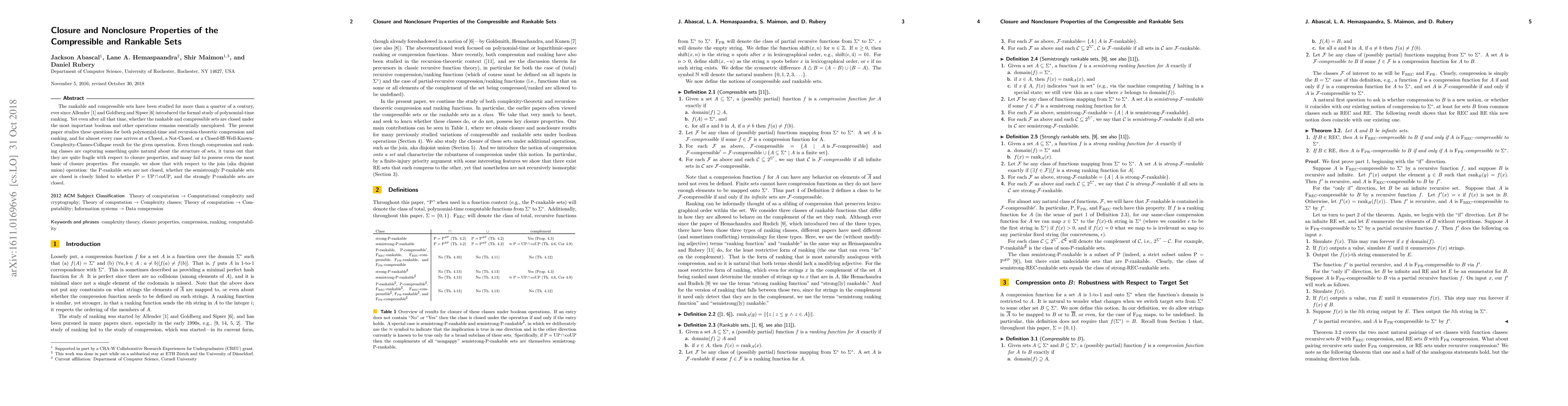 Thumbnail for Closure and Nonclosure Properties of the Compressible and Rankable Sets