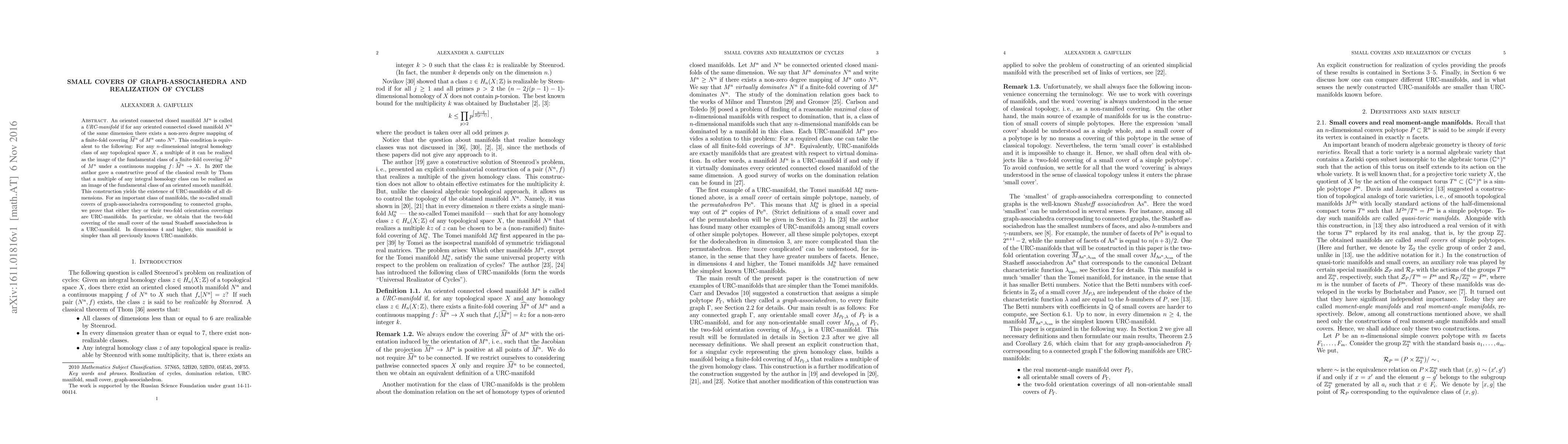 Thumbnail for Small covers of graph-associahedra and realization of cycles