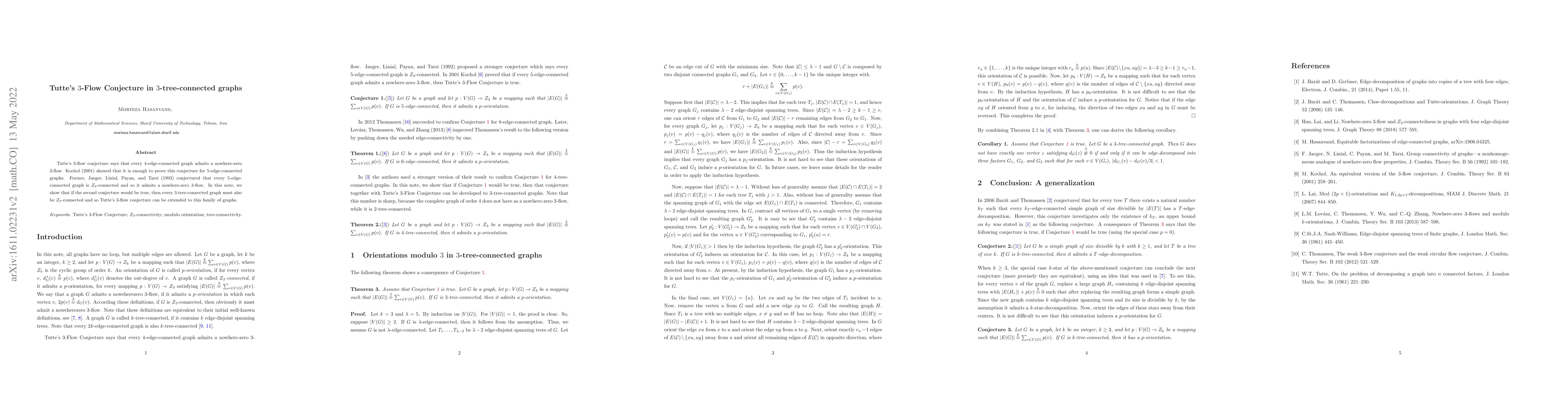 Thumbnail for Tutte's $3$-Flow Conjecture in $3$-tree-connected graphs