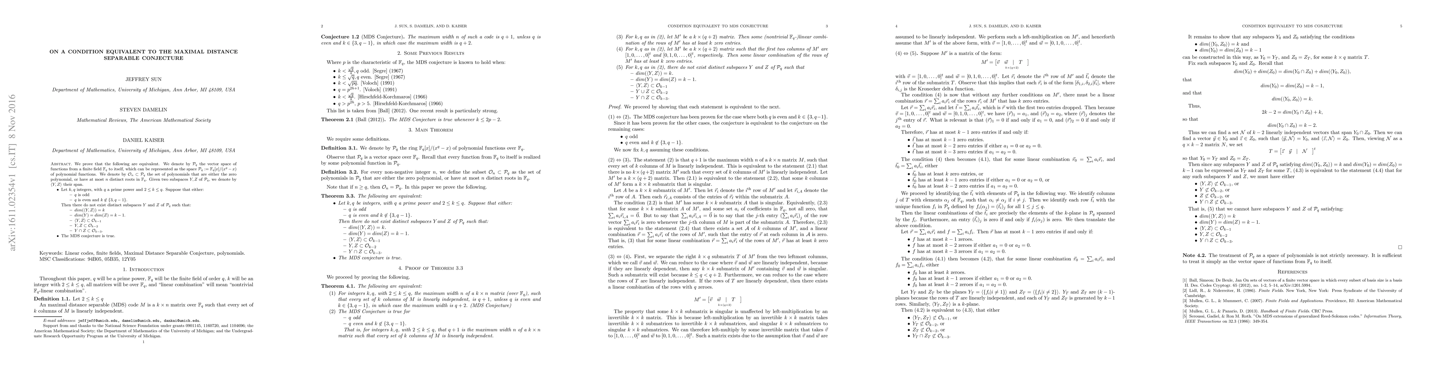 Thumbnail for On a condition equivalent to the Maximum Distance Separable conjecture