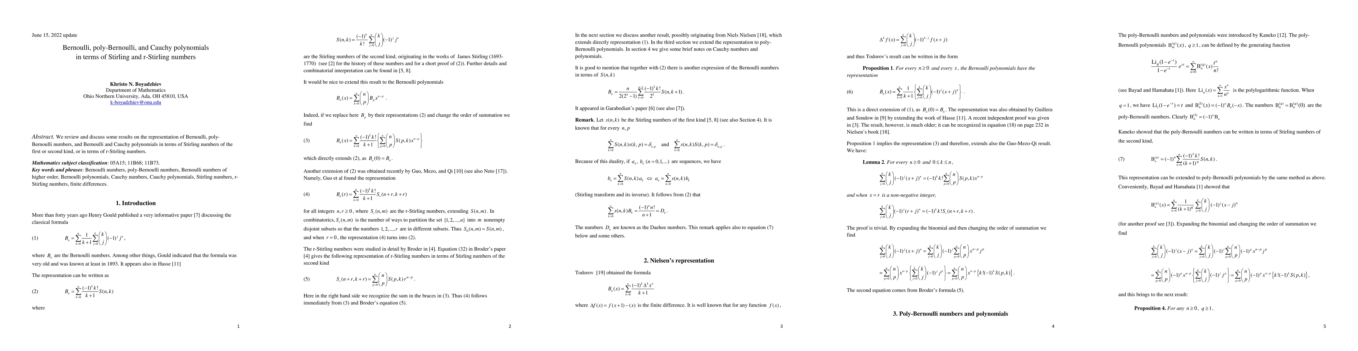 Thumbnail for Bernoulli, poly-Bernoulli, and Cauchy polynomials in terms of Stirling
  and r-Stirling numbers