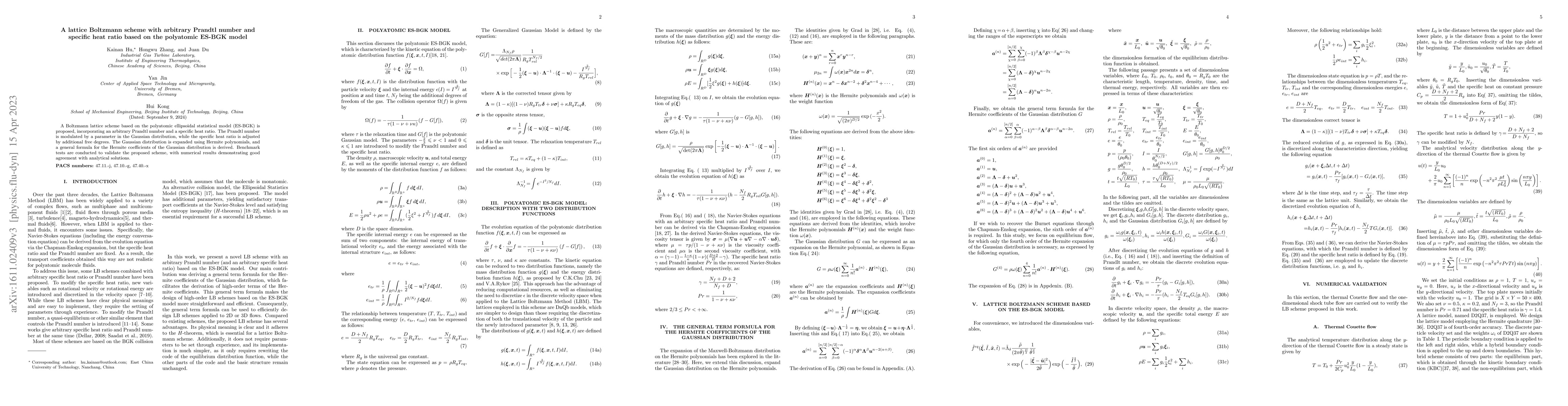 Thumbnail for Lattice Boltzmann Scheme associated with flexible Prandtl number and
  specific heat ratio based on the polyatomic ES-BGK model