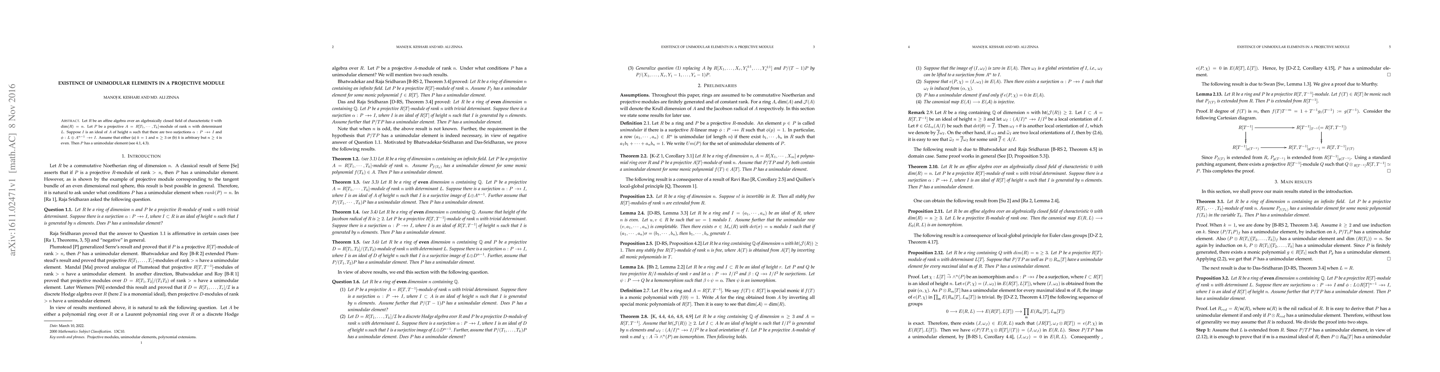 Thumbnail for Existence of unimodular elements in a projective module