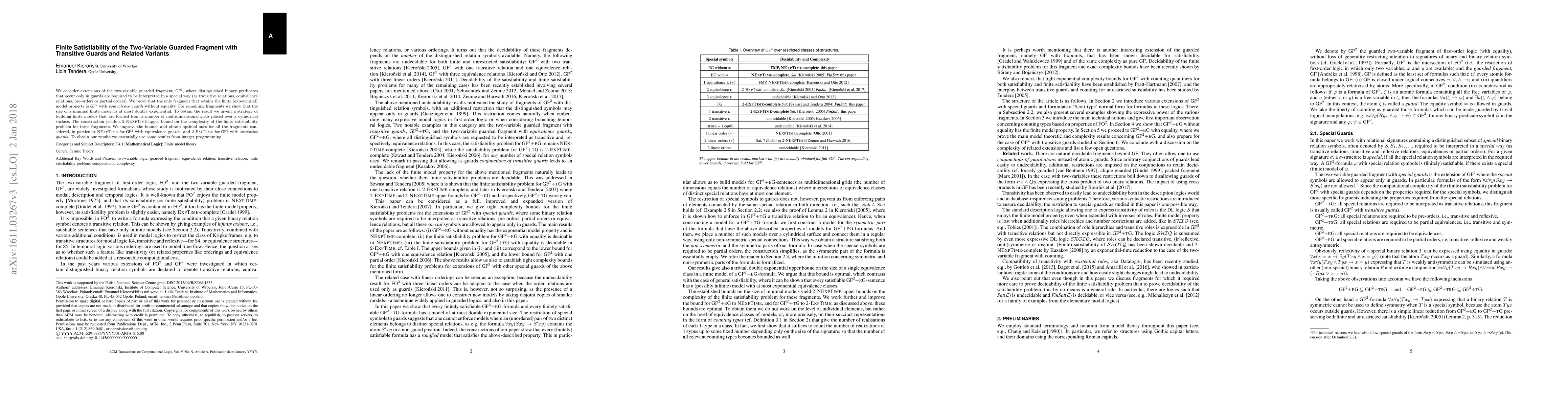Thumbnail for Finite Satisfiability of the Two-Variable Guarded Fragment with
  Transitive Guards and Related Variants