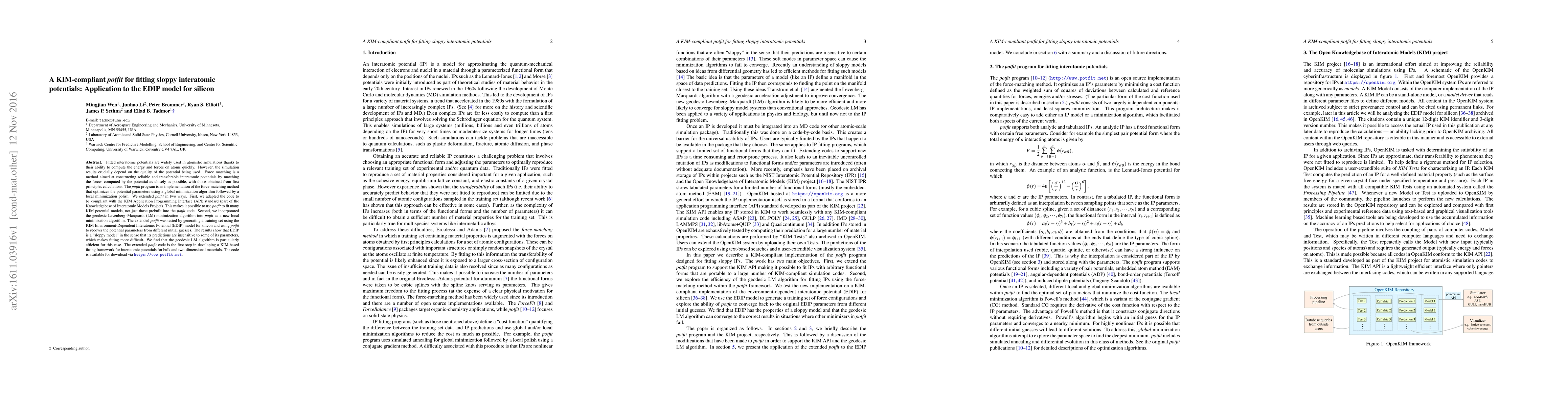 Thumbnail for A KIM-compliant potfit for fitting sloppy interatomic potentials:
  Application to the EDIP model for silicon