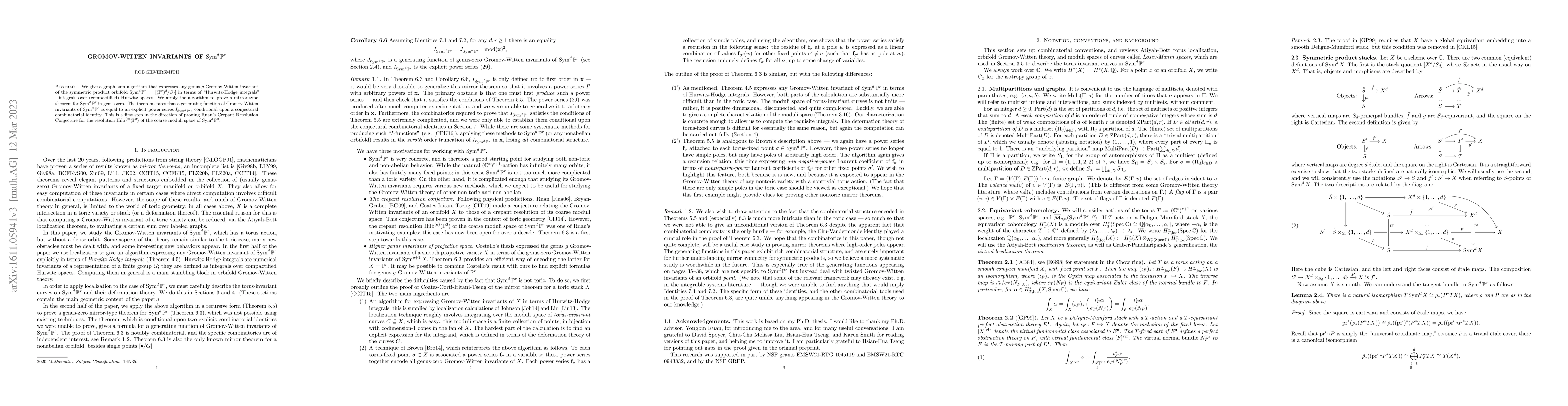 Thumbnail for Gromov-Witten invariants of $\mathrm{Sym}^d\mathbb{P}^r$