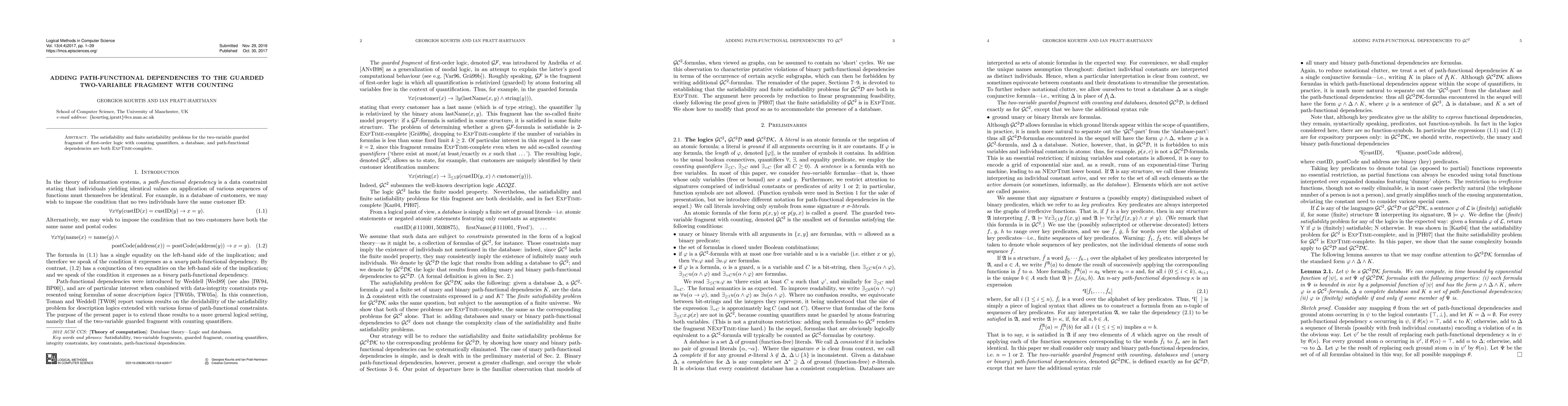 Thumbnail for Adding Path-Functional Dependencies to the Guarded Two-Variable Fragment
  with Counting