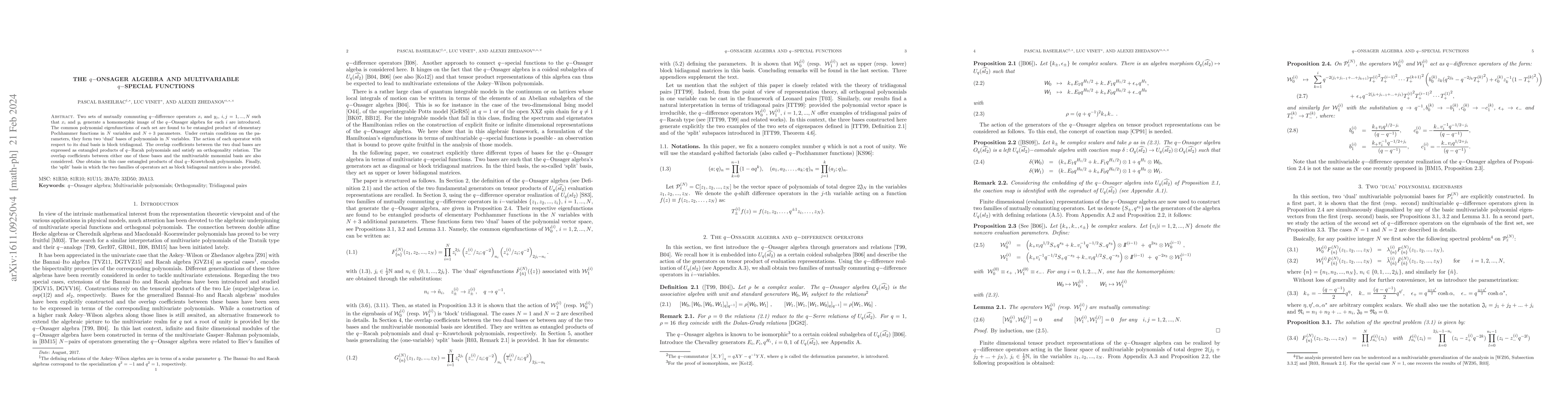 Thumbnail for The $q-$Onsager algebra and multivariable $q-$special functions