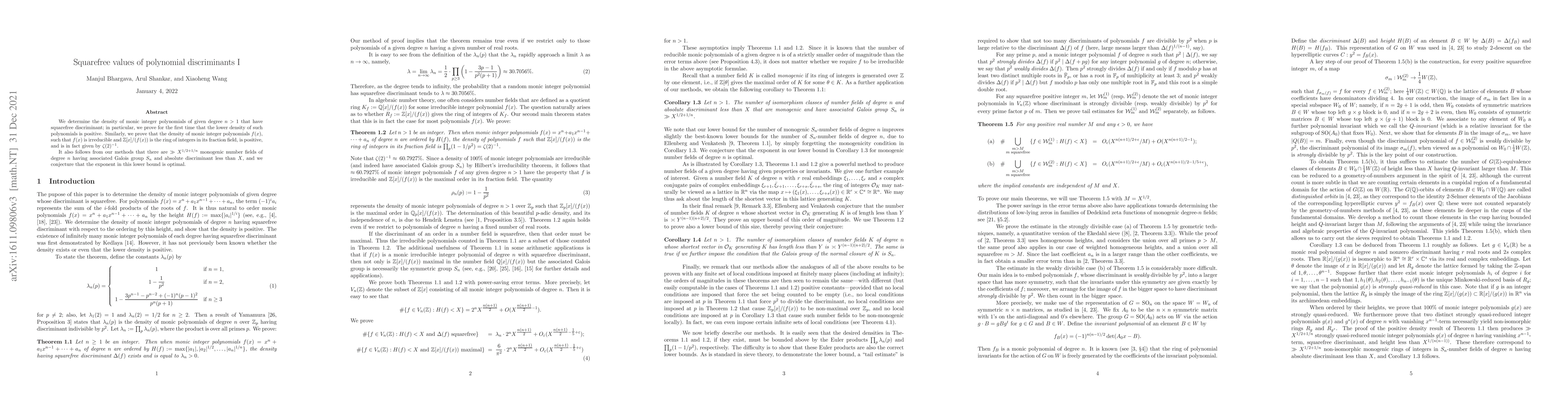 Thumbnail for Squarefree values of polynomial discriminants I