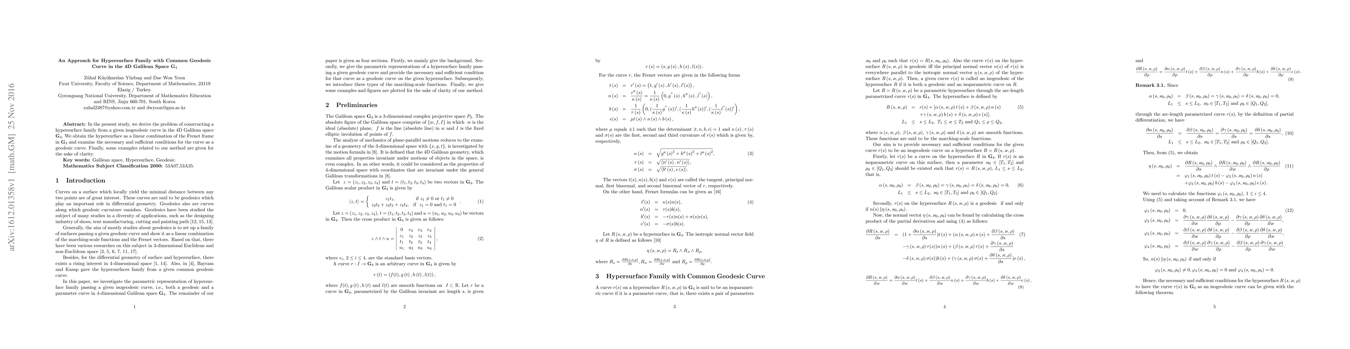 Thumbnail for An Approach for Hypersurface Family with Common Geodesic Curve in the 4D
  Galilean Space G4