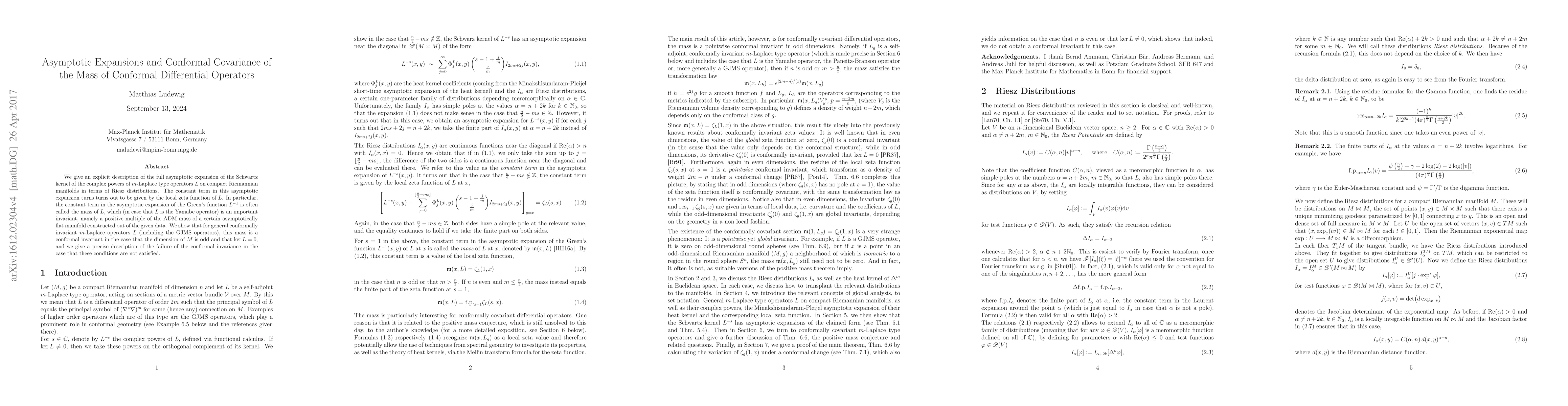 Thumbnail for Asymptotic Expansions and Conformal Covariance of the Mass of Conformal
  Differential Operators