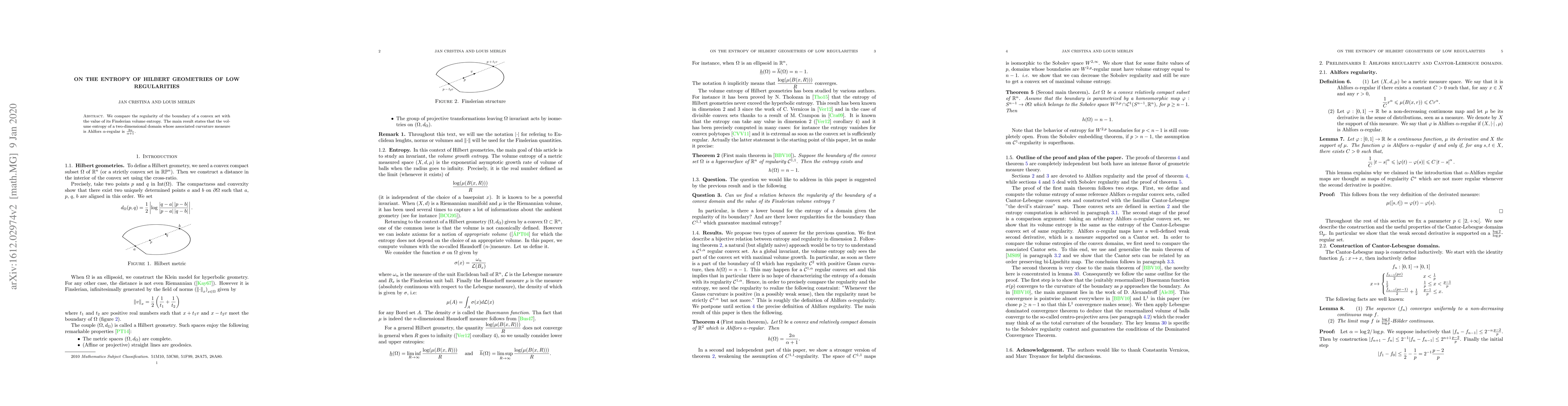 Thumbnail for On the entropy of Hilbert Geometries of Low Regularities