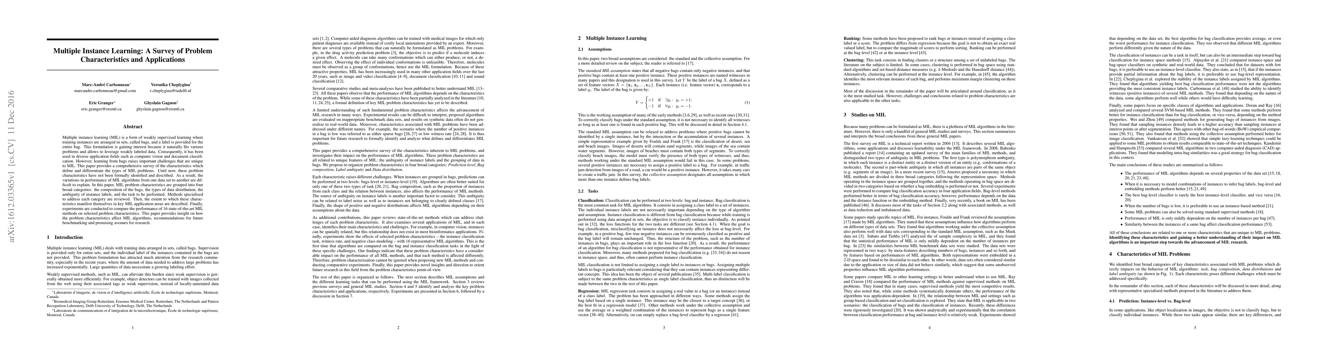 Thumbnail for Multiple Instance Learning: A Survey of Problem Characteristics and
  Applications