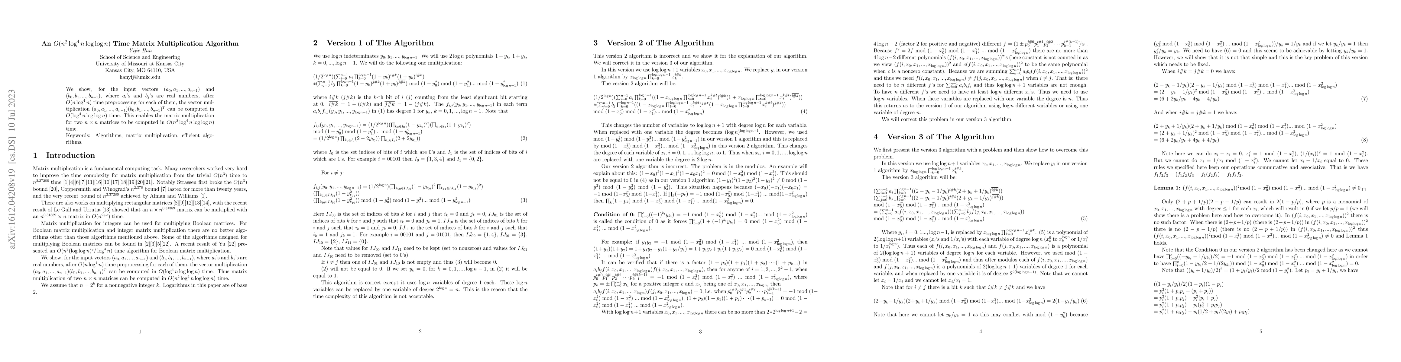 Thumbnail for An $O(n^2\log^4 n \log \log n)$ Time Matrix Multiplication Algorithm