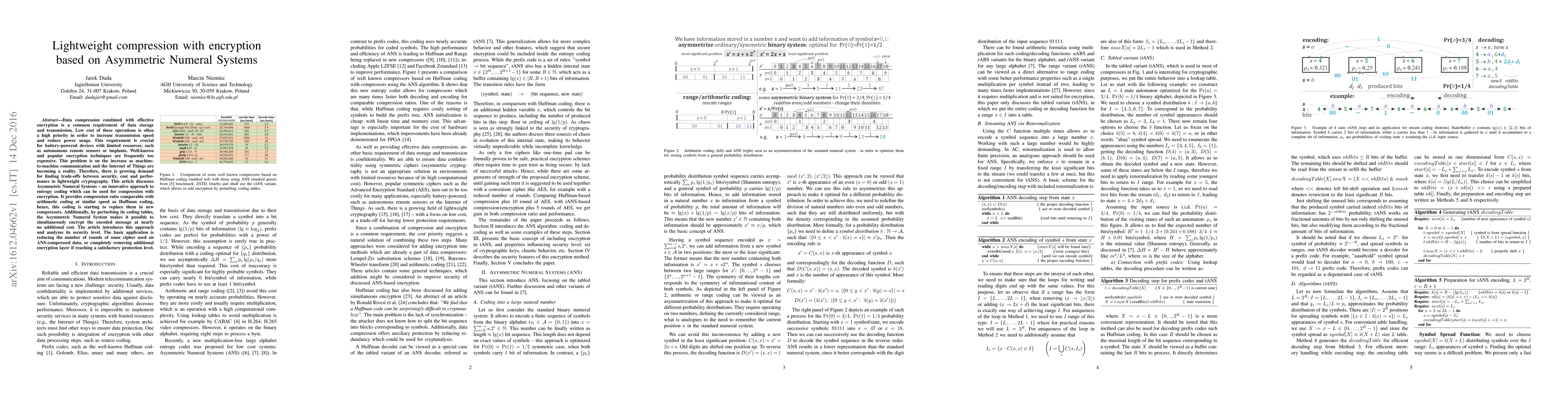 Thumbnail for Lightweight compression with encryption based on Asymmetric Numeral
  Systems