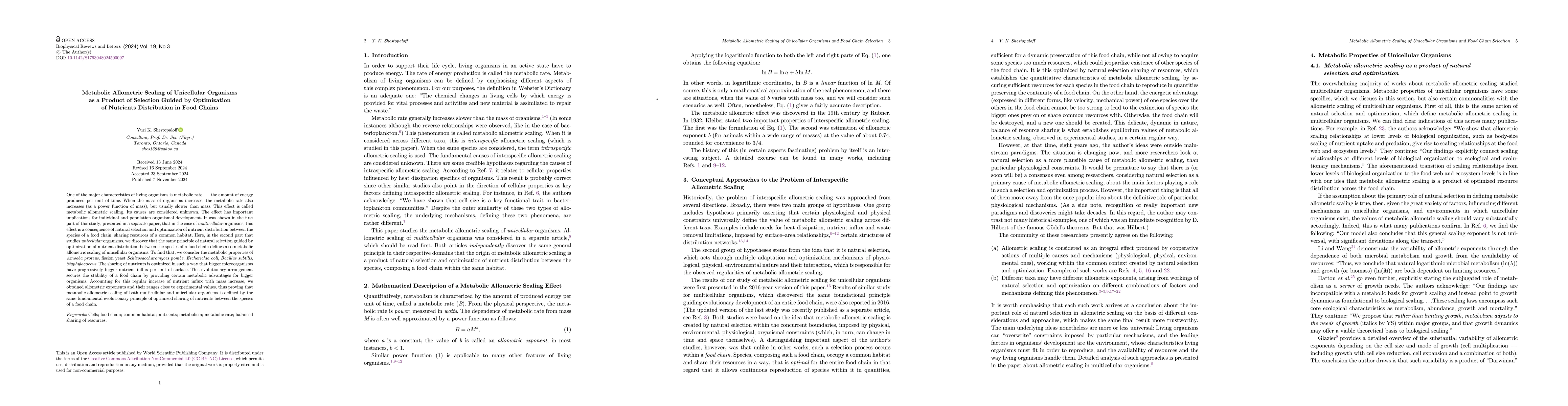 Thumbnail for Metabolic allometric scaling of unicellular organisms as a product of
  selection and optimization of nutrient distribution in food chains