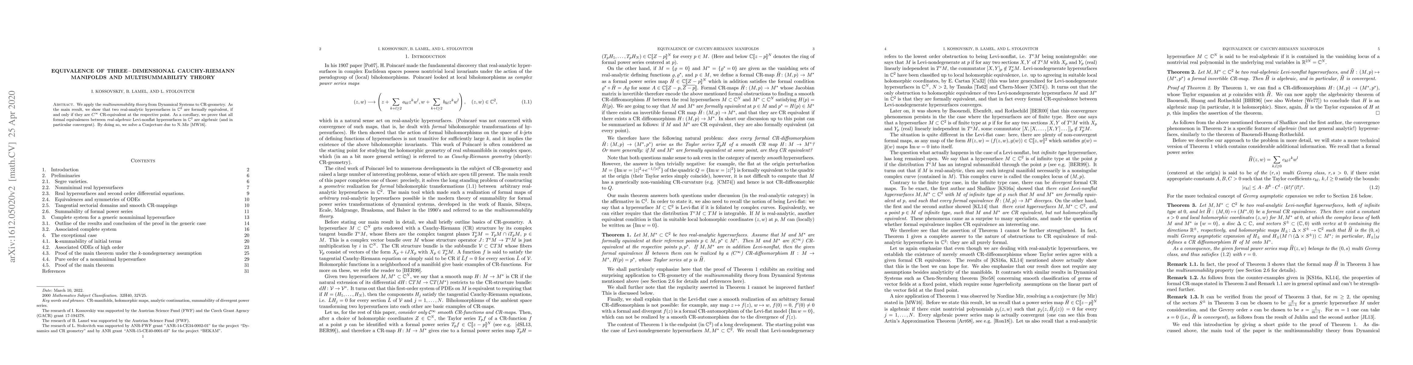 Thumbnail for Equivalence of Cauchy-Riemann manifolds and multisummability theory