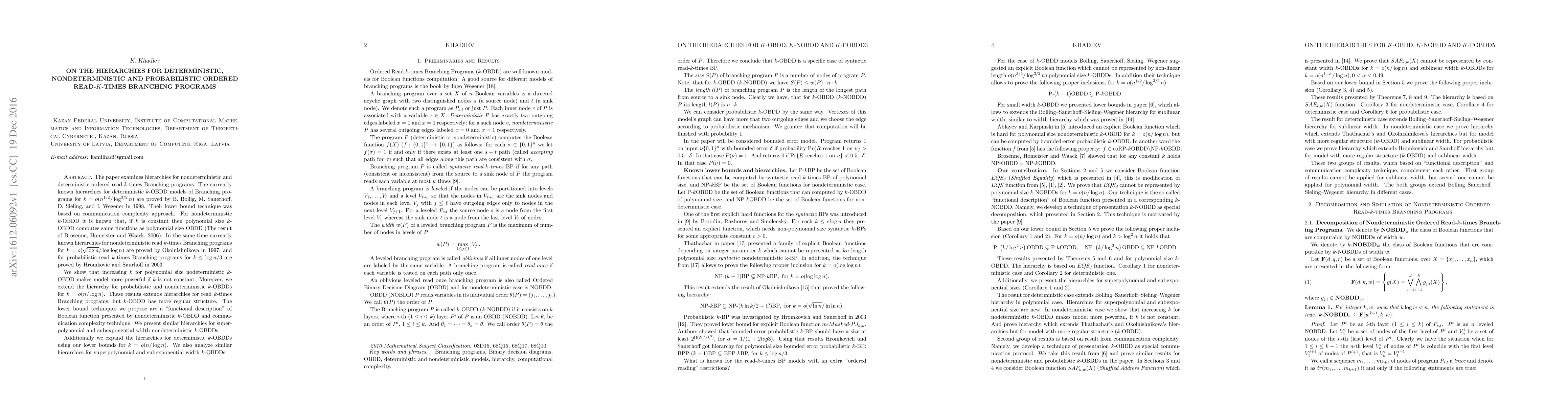 Thumbnail for On the Hierarchies for Deterministic, Nondeterministic and Probabilistic
  Ordered Read-k-times Branching Programs