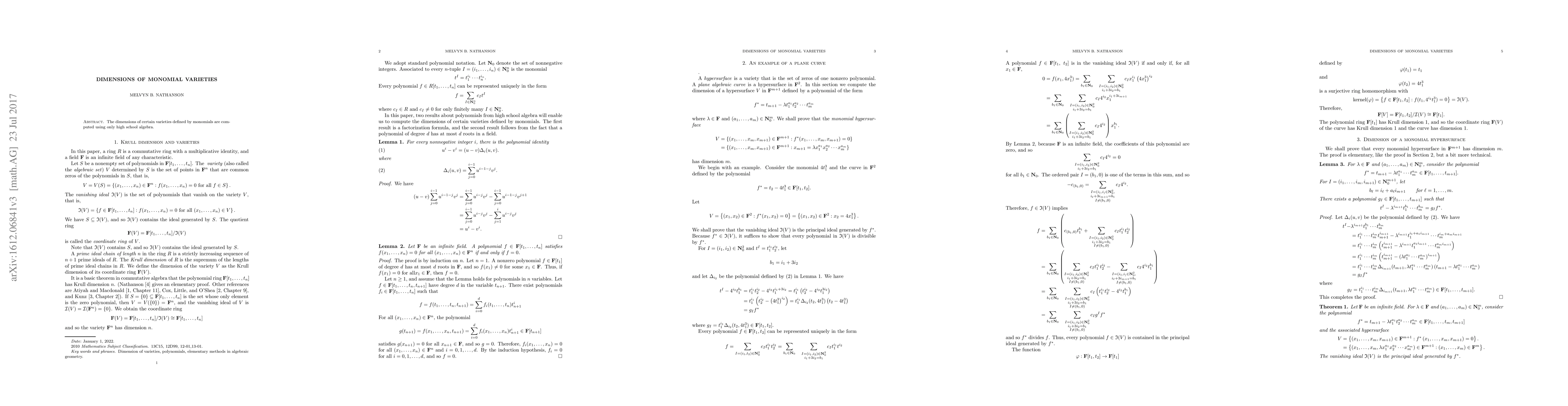 Thumbnail for Dimensions of monomial varieties