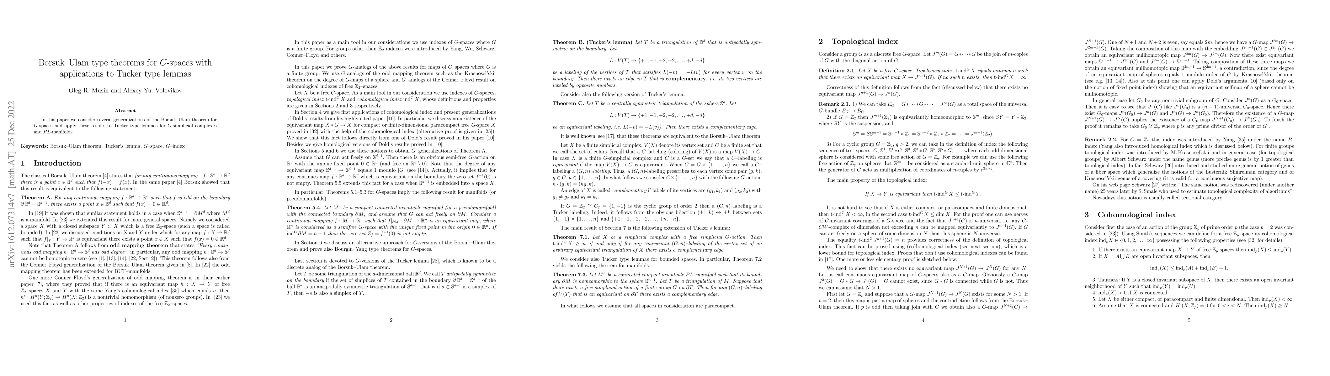 Thumbnail for Borsuk-Ulam type theorems for G-spaces with applications to Tucker type
  lemmas