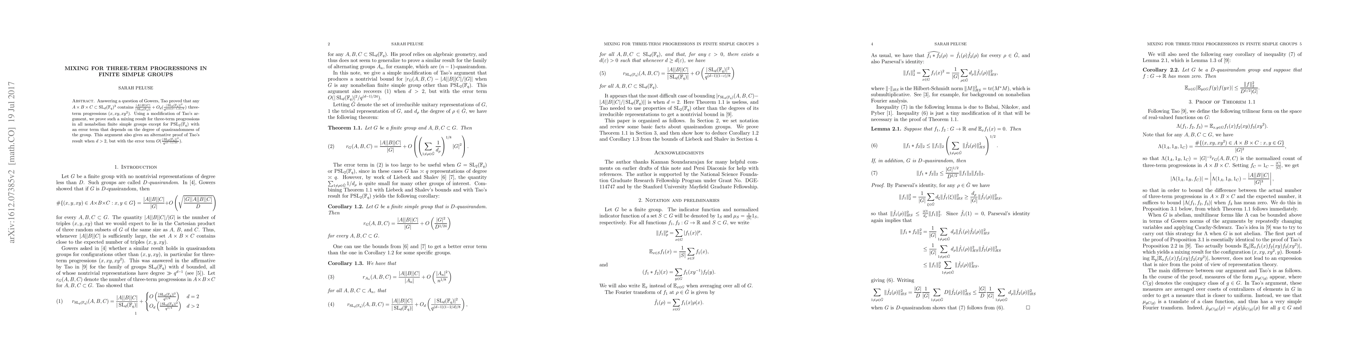 Thumbnail for Mixing for three-term progressions in finite simple groups