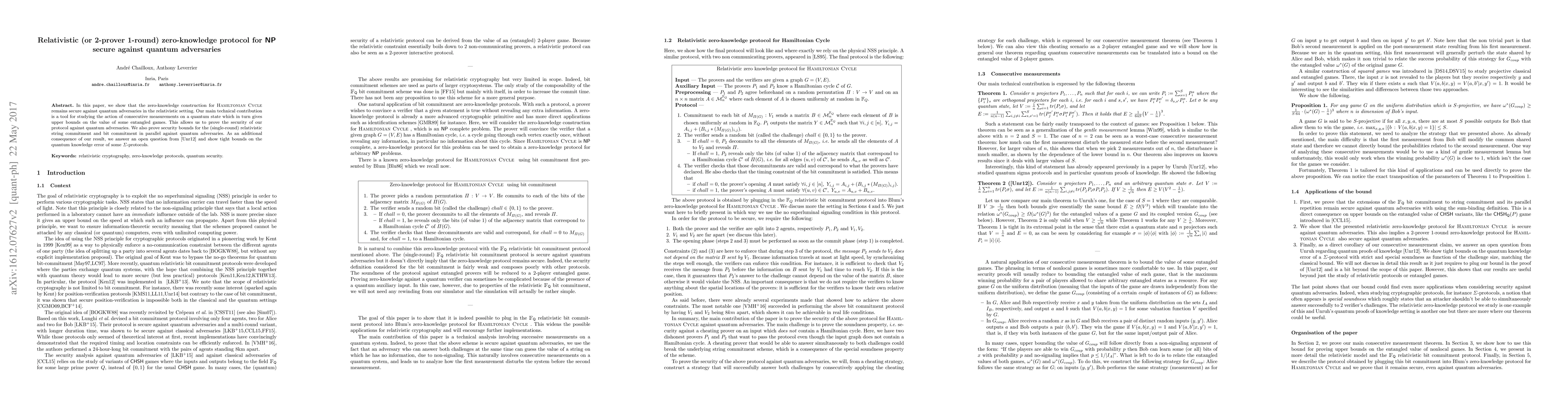 Thumbnail for Relativistic (or $2$-prover $1$-round) zero-knowledge protocol for
  $\mathsf{NP}$ secure against quantum adversaries
