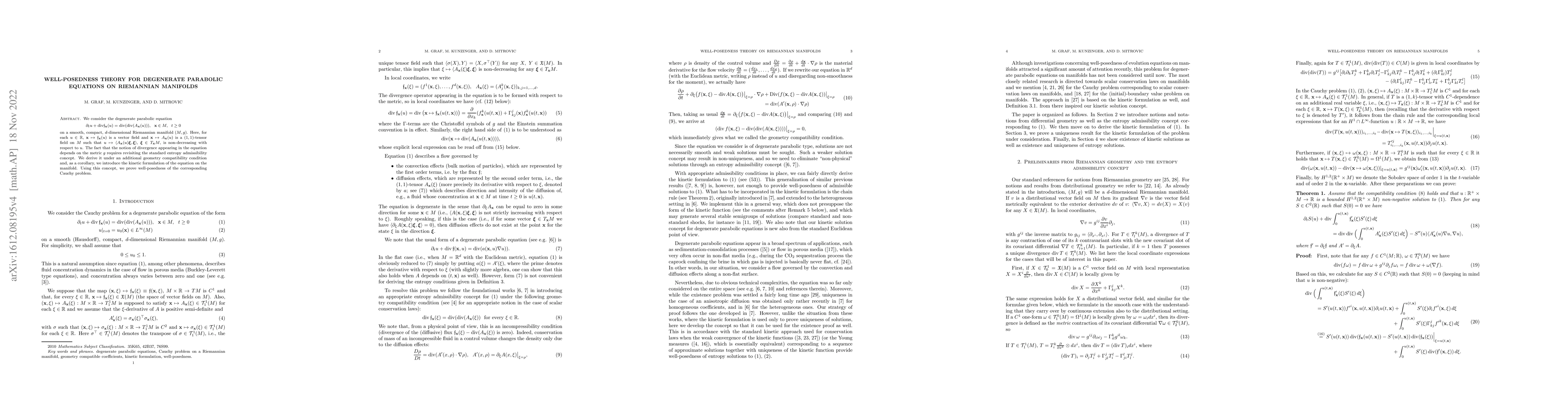 Thumbnail for Well-posedness theory for degenerate parabolic equations on Riemannian
  manifolds