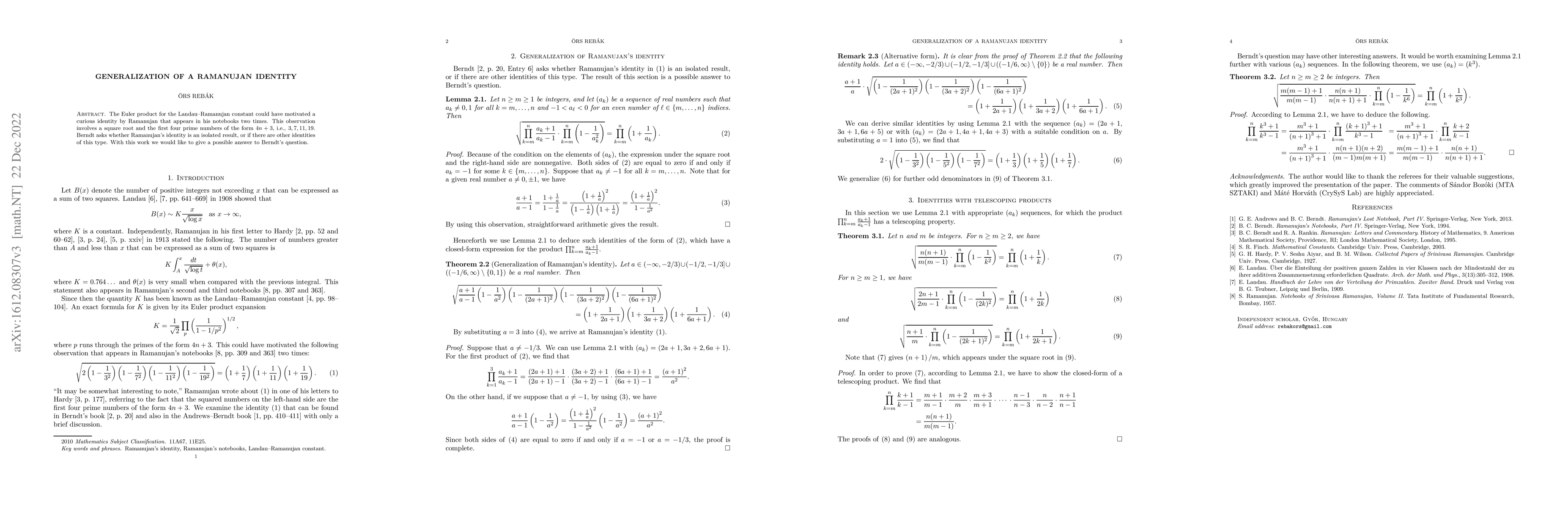 Thumbnail for Generalization of a Ramanujan identity