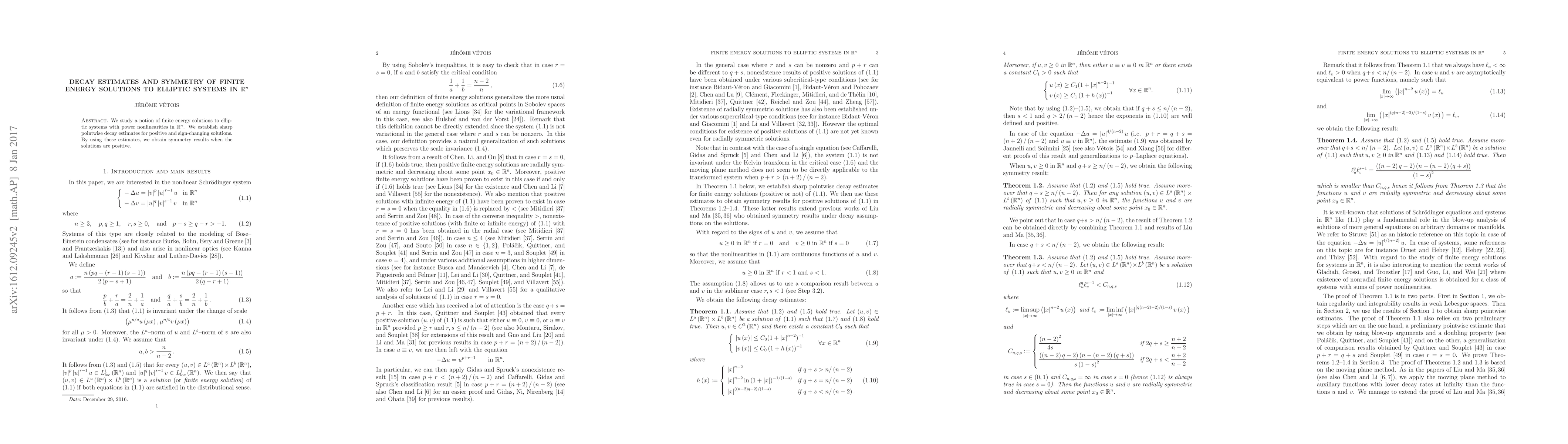 Thumbnail for Decay estimates and symmetry of finite energy solutions to elliptic
  systems in R^n