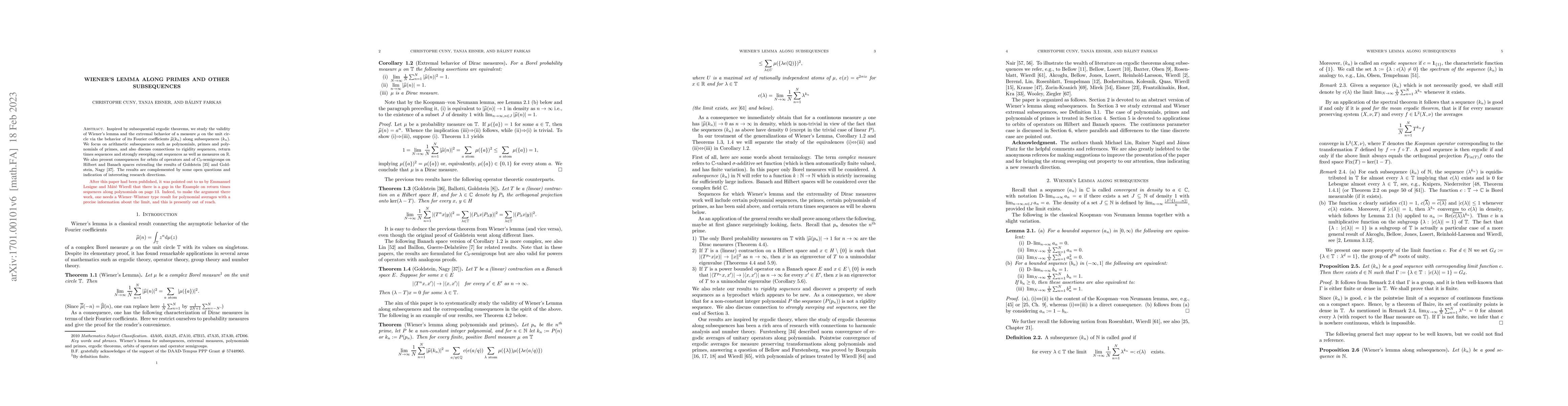 Thumbnail for Wiener's lemma along primes and other subsequences