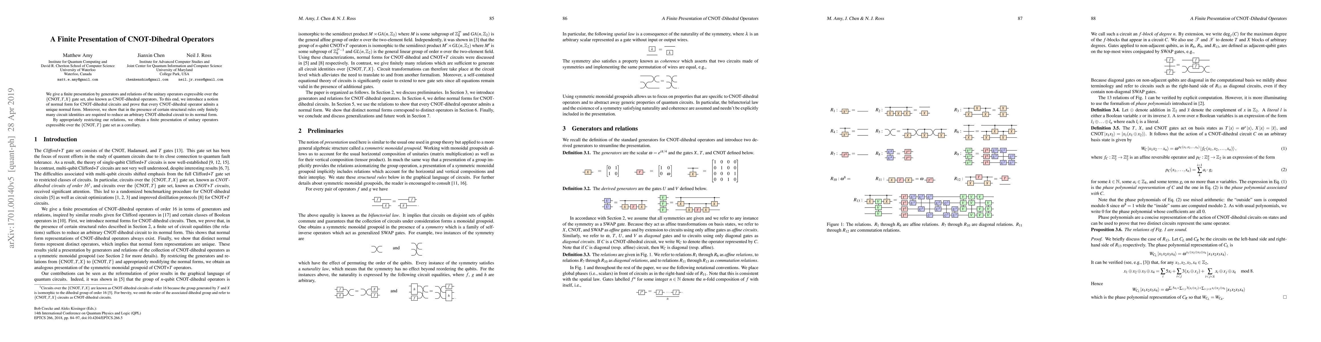Thumbnail for A Finite Presentation of CNOT-Dihedral Operators