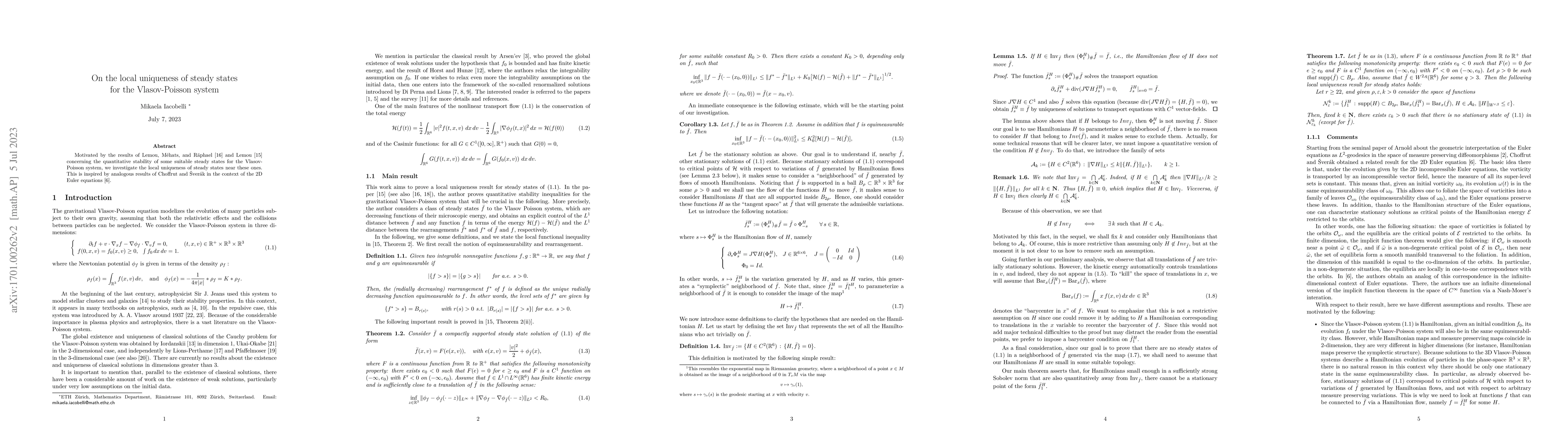 Thumbnail for On the local uniqueness of steady states for the Vlasov-Poisson system