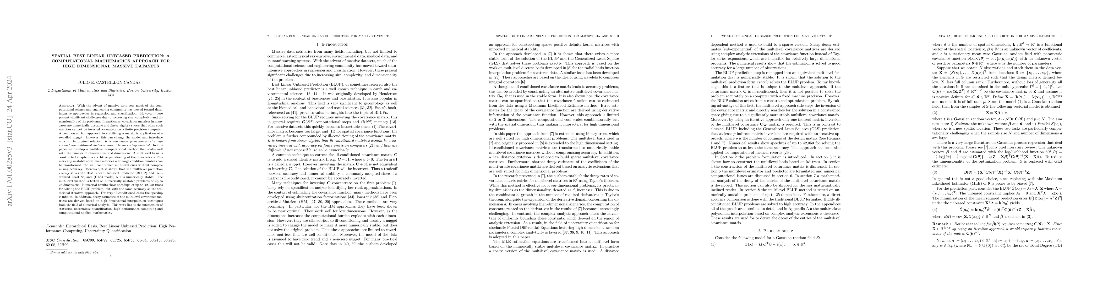 Thumbnail for Spatial best linear unbiased prediction: A computational mathematics
  approach for high dimensional massive datasets