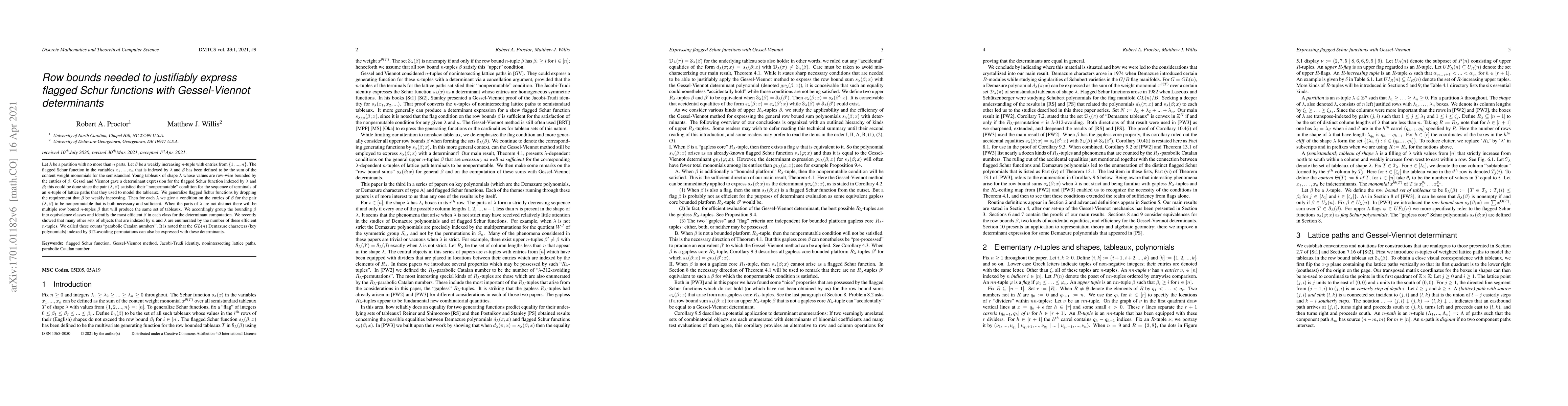 Thumbnail for Row bounds needed to justifiably express flagged Schur functions with
  Gessel-Viennot determinants