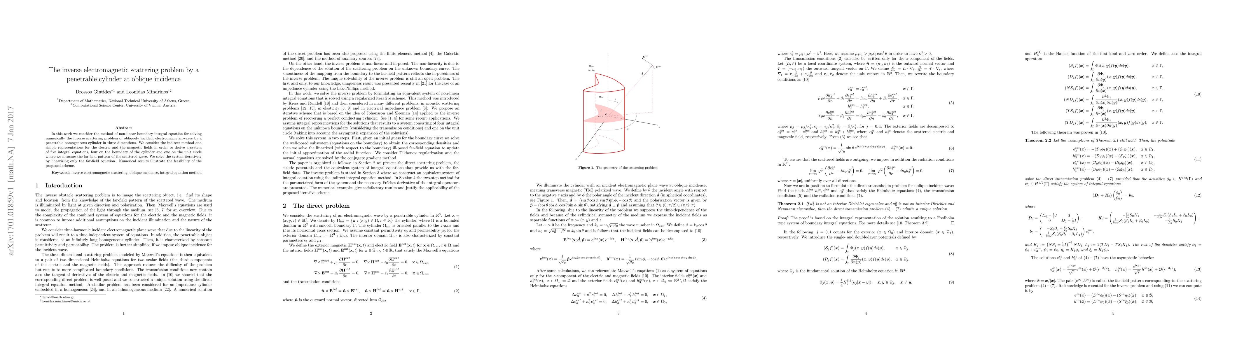 Thumbnail for The inverse electromagnetic scattering problem by a penetrable cylinder
  at oblique incidence