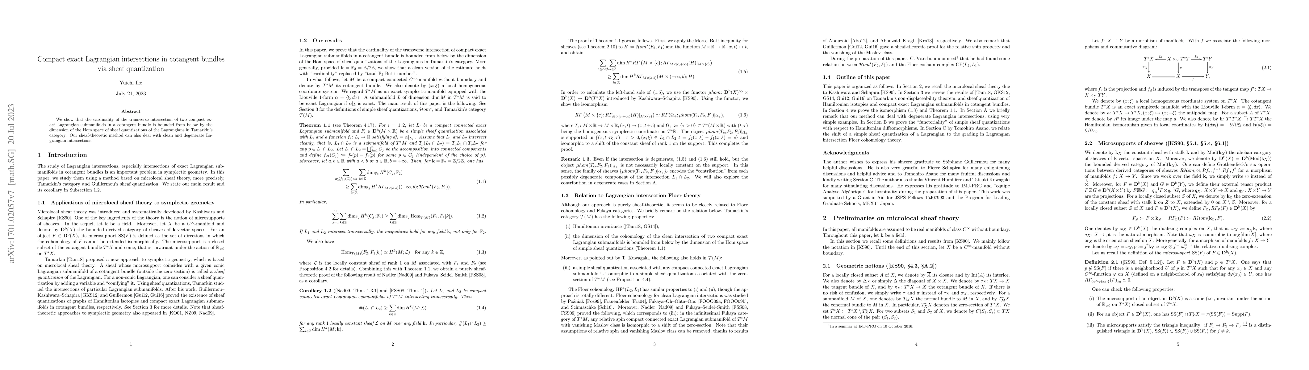 Thumbnail for Compact exact Lagrangian intersections in cotangent bundles via sheaf
  quantization (with an appendix by Tomohiro Asano)