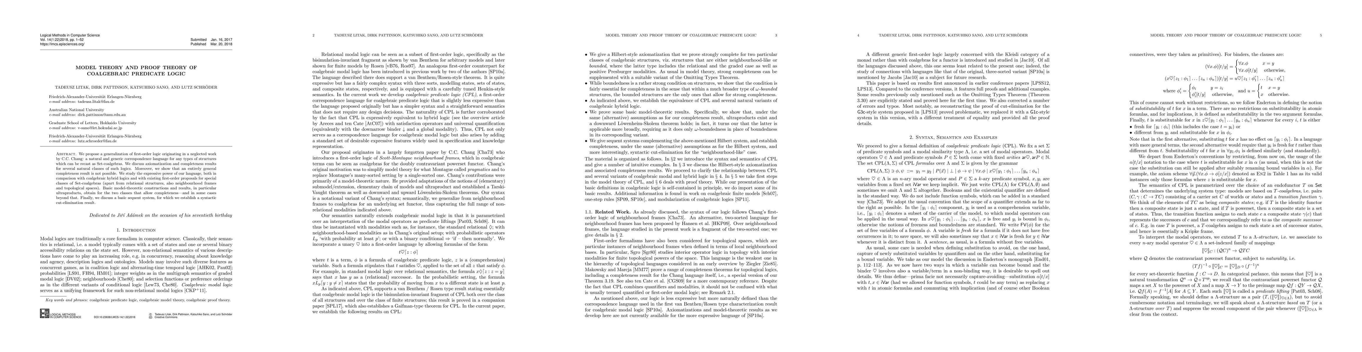 Thumbnail for Model Theory and Proof Theory of Coalgebraic Predicate Logic