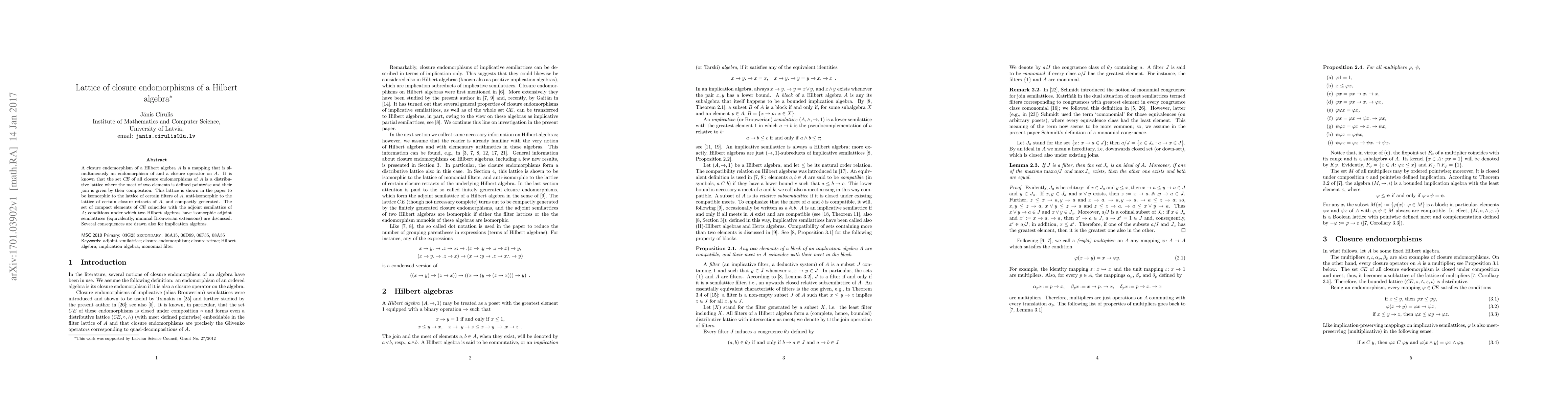 Thumbnail for Lattice of closure endomorphisms of a Hilbert algebra