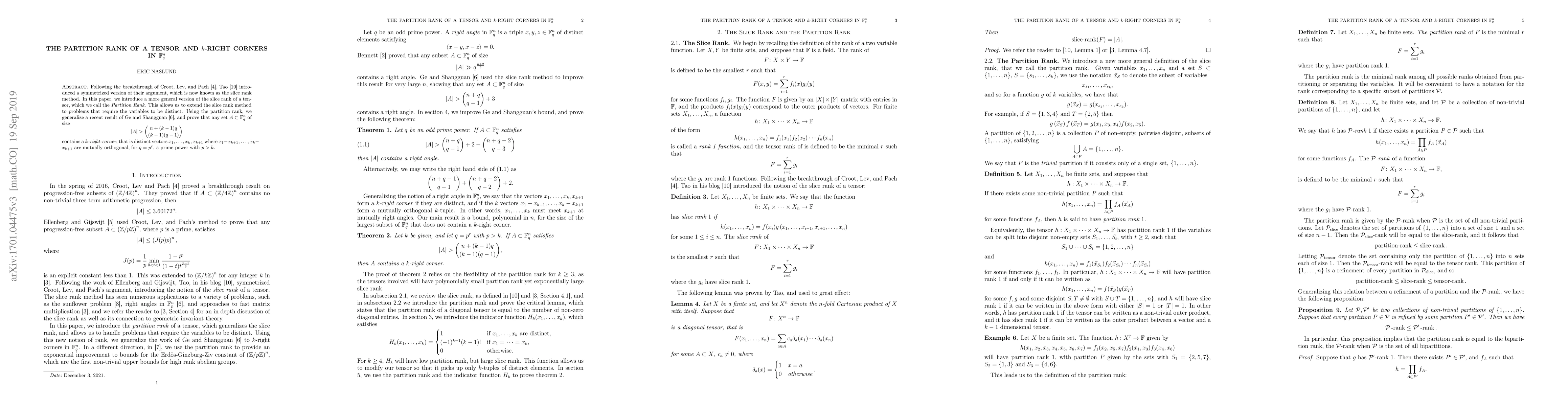 Thumbnail for The Partition Rank of a Tensor and $k$-Right Corners in
  $\mathbb{F}_{q}^{n}$