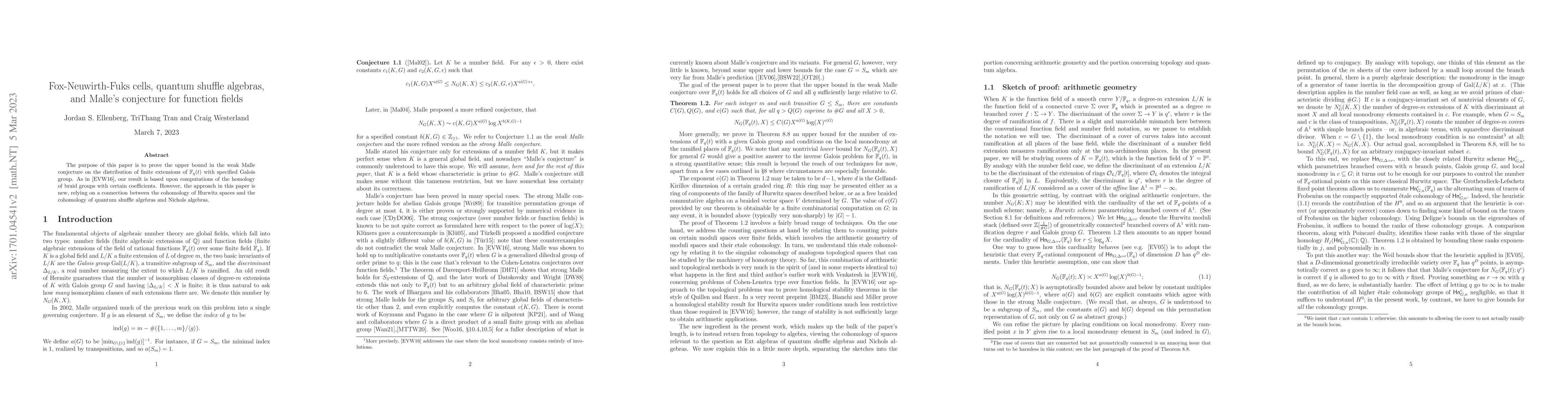 Thumbnail for Fox-Neuwirth-Fuks cells, quantum shuffle algebras, and Malle's
  conjecture for function fields