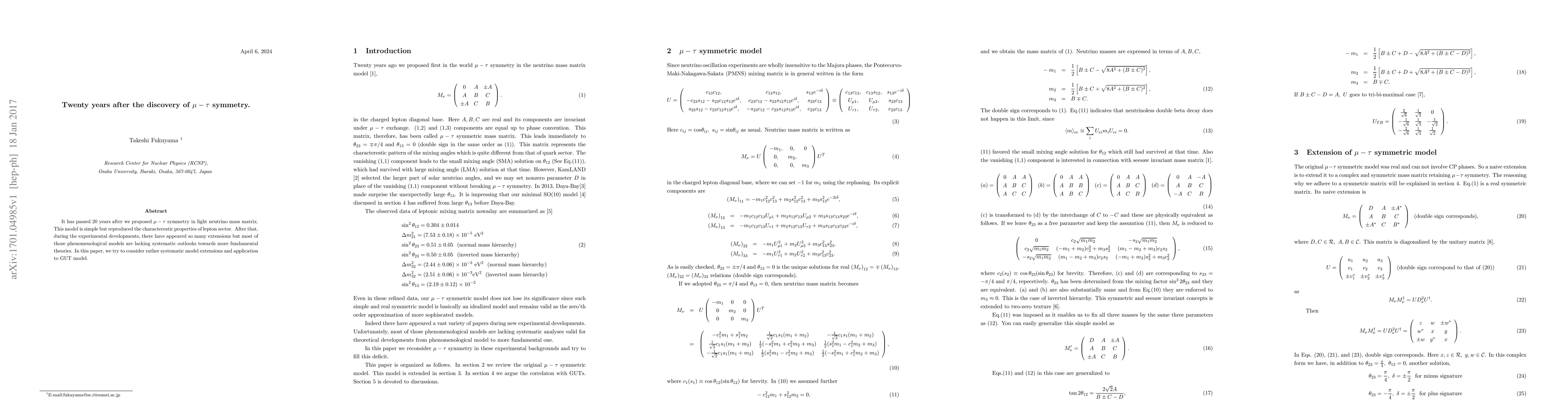 Thumbnail for Twenty years after the discovery of $\mu-\tau$ symmetry
