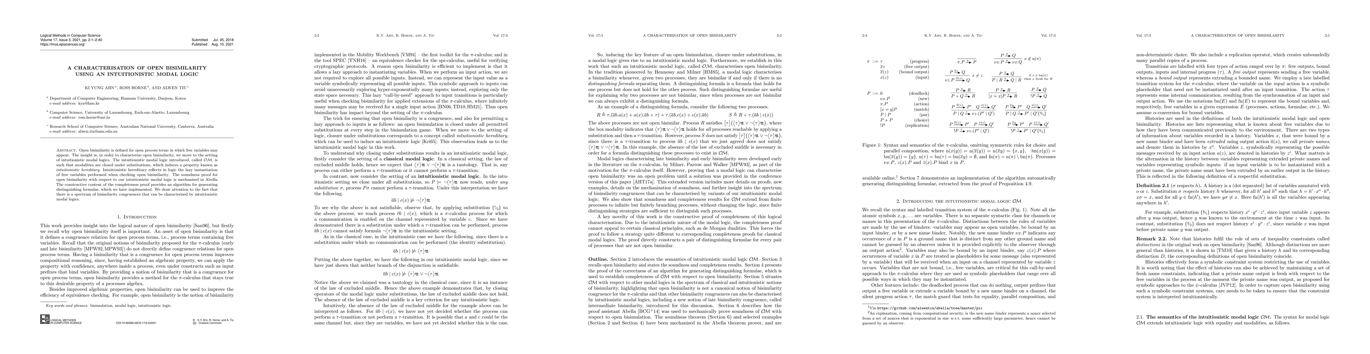 Thumbnail for A Characterisation of Open Bisimilarity using an Intuitionistic Modal
  Logic