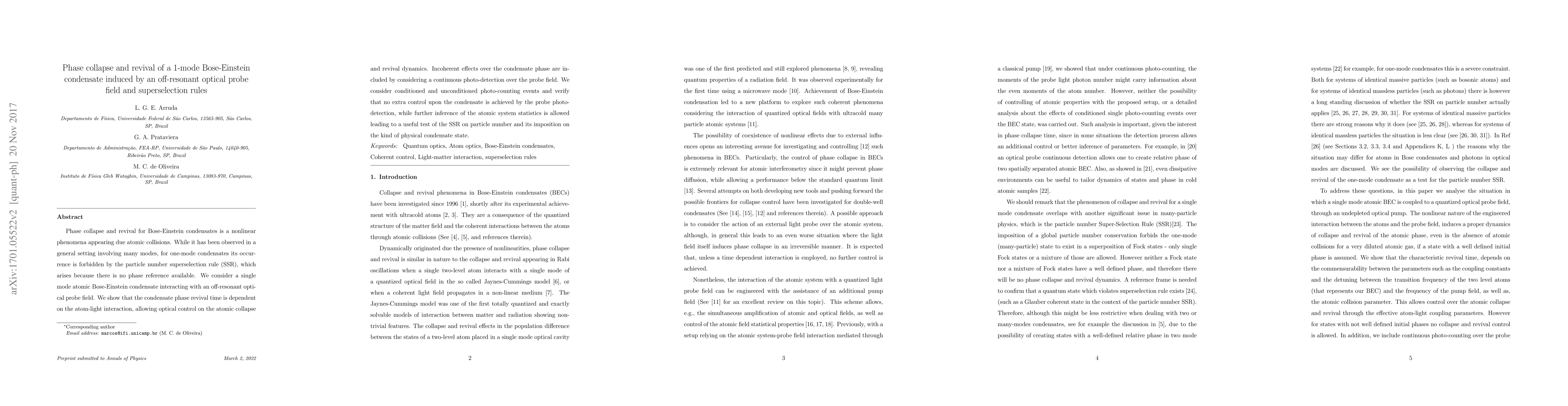 Thumbnail for Phase collapse and revival of a 1-mode Bose-Einstein condensate induced
  by an off-resonant optical probe field and superselection rules