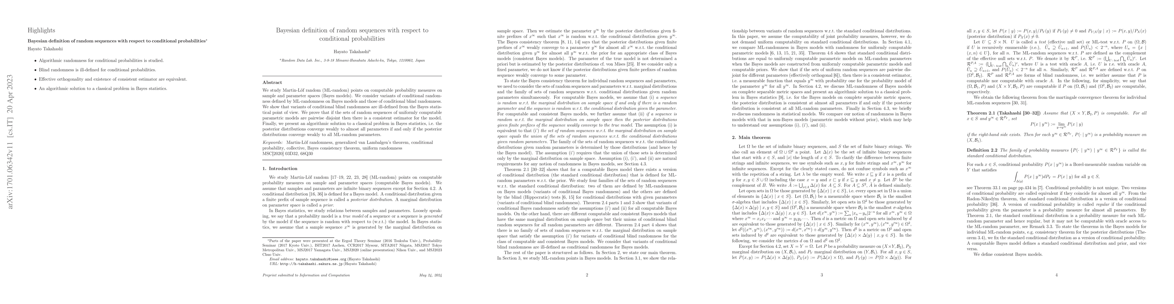Thumbnail for Bayesian definition of random sequences with respect to conditional
  probabilities