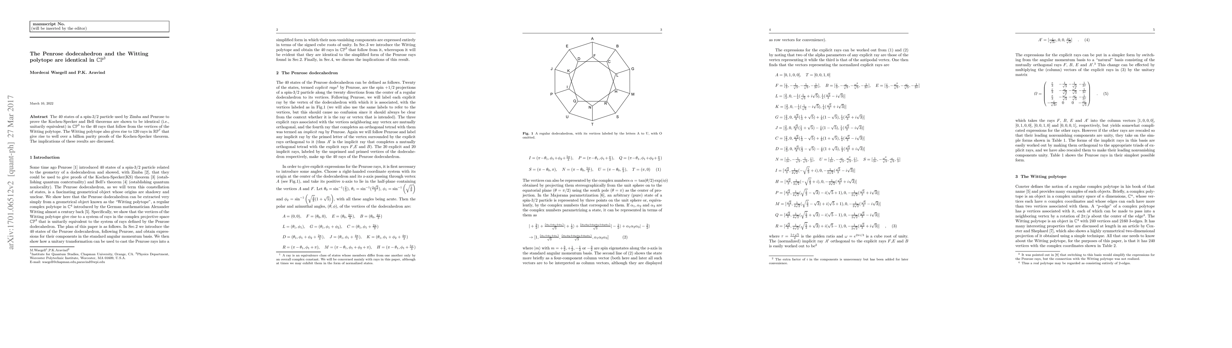 Thumbnail for The Penrose dodecahedron and the Witting polytope are identical in CP(3)