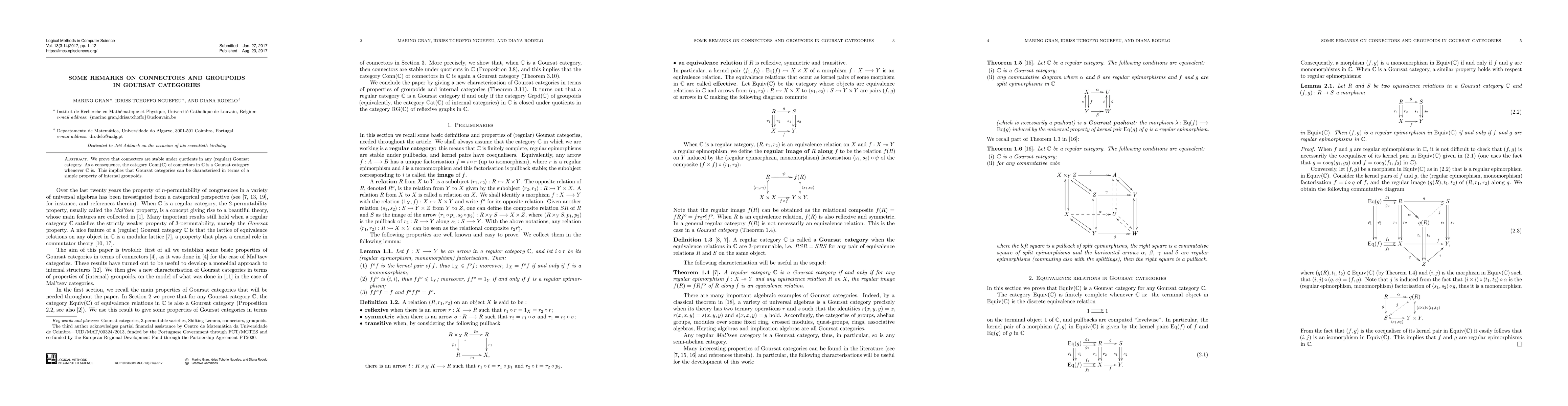 Thumbnail for Some remarks on connectors and groupoids in Goursat categories