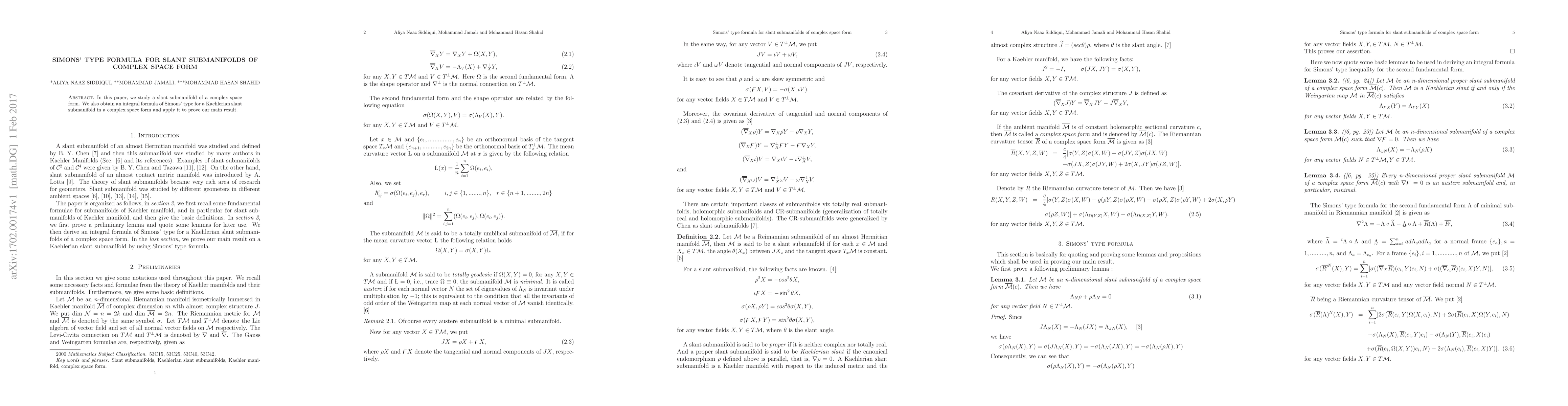 Thumbnail for Simons' type formula for slant submanifolds of complex space form