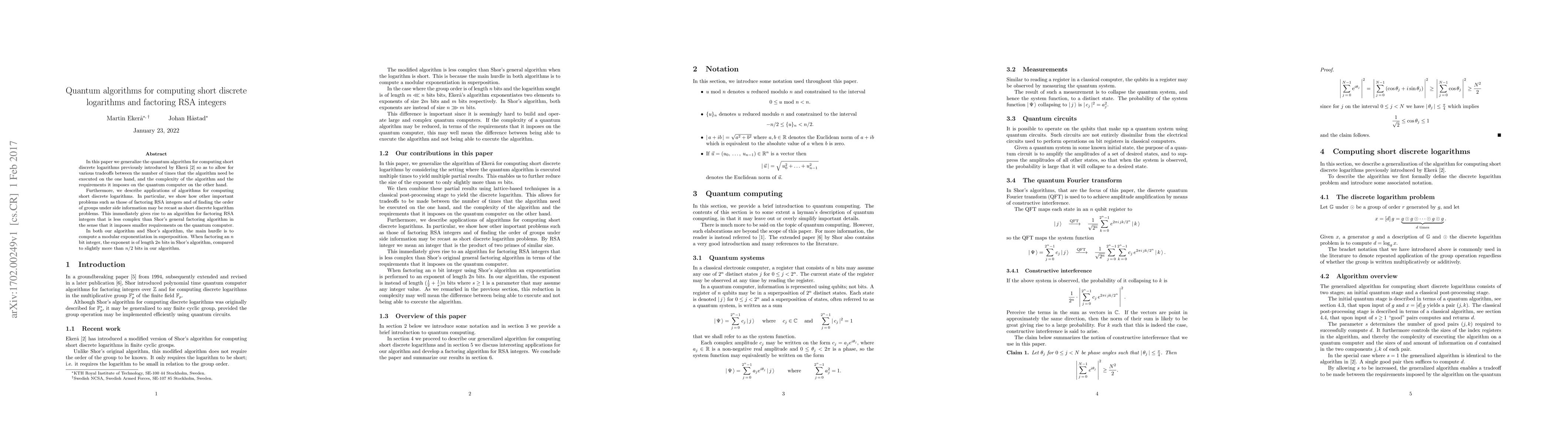 Thumbnail for Quantum algorithms for computing short discrete logarithms and factoring
  RSA integers