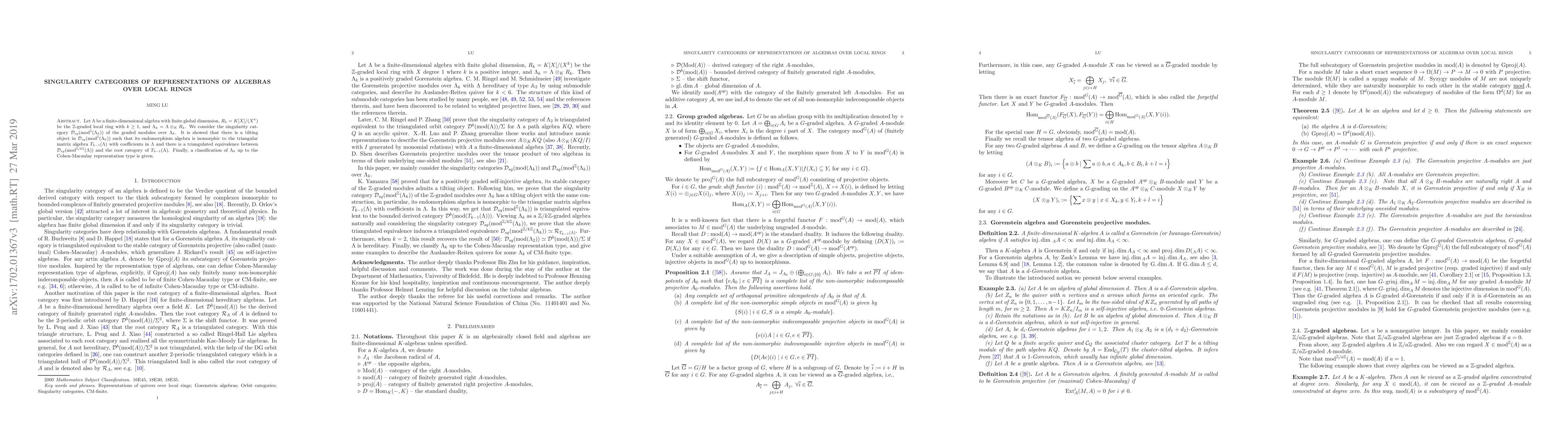 Thumbnail for Singularity categories of representations of algebras over local rings