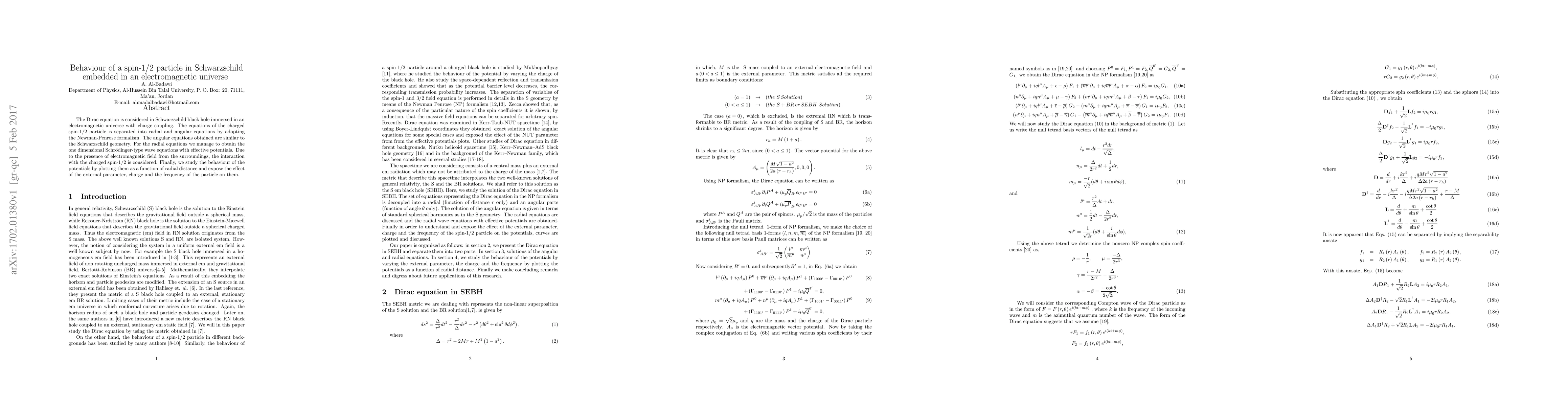 Thumbnail for Behaviour of a spin-1/2 particle in Schwarzschild embedded in an
  electromagnetic universe